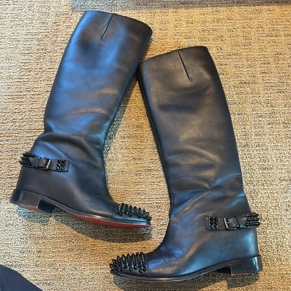 Christian Louboutin Egoutina Tall Riding Boots spiked stud black leather pull-on - Picture 3 of 15